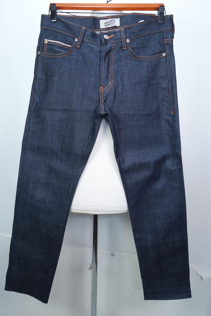 Naked & Famous Super Guy Jeans Mens 33x30 Blue Stretch Selvedge Denim Button Fly
